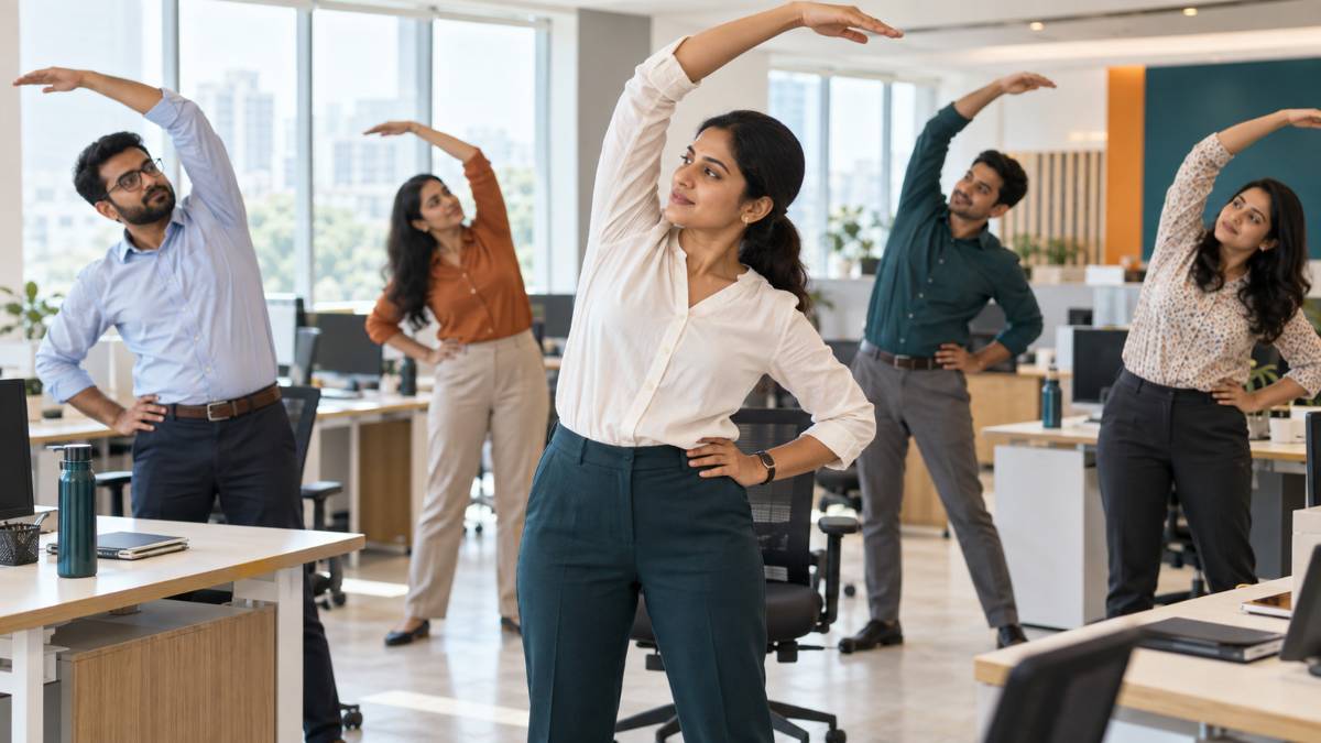 Employees in a workplace wellness session